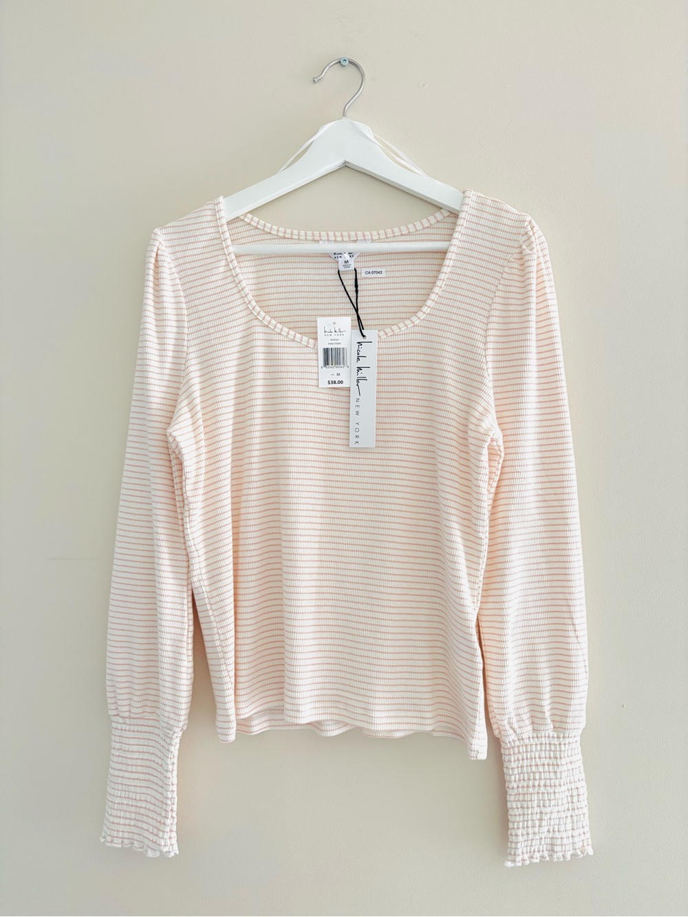 New with Tags Nicole Miller Blush Cream Striped Long Sleeve Top Size Medium